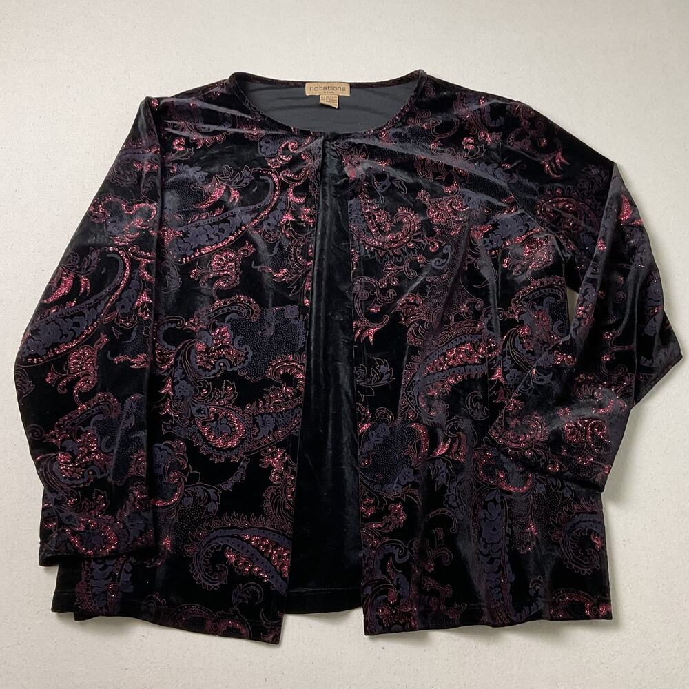 Notations Black Velvetine Paisley Open Jacket with built in Tank Womens 3X